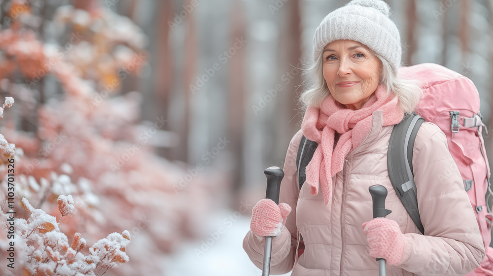custom made wallpaper toronto digitalElderly woman in winter hat and jacket in the forest with a backpack, pastel pink and gray tones