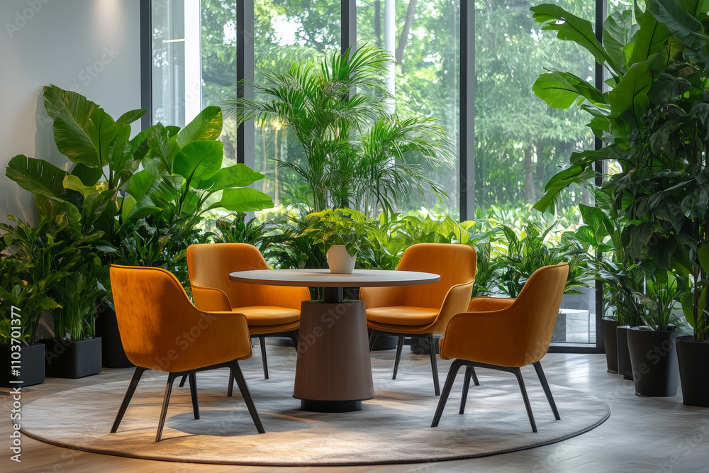 Modern Meeting Space with Lush Greenery and Chairs
