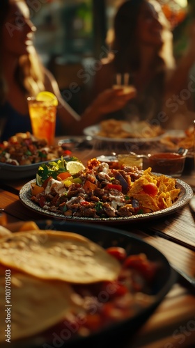 Uk, london, close-up of friends enjoying mexican food at restaurant table. Mexican Food. Ultra realistic. Photorealistic hypermaximalist advertising photography hyper realistic fine detail