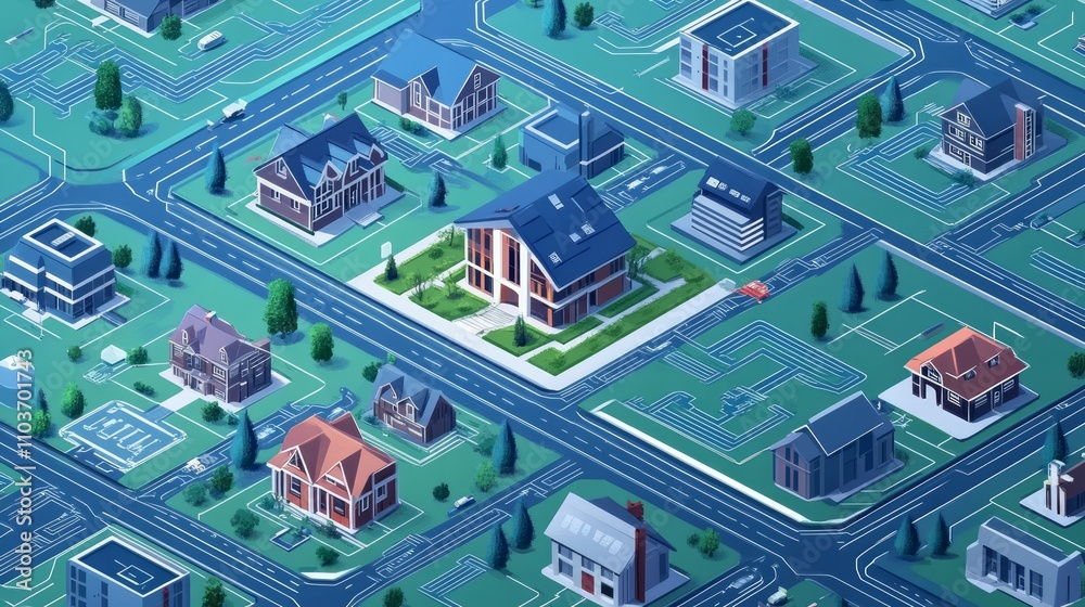 Isometric view of a residential neighborhood with houses, buildings, and roads. Isometric view of a residential neighborhood with houses, buildings, and roads.