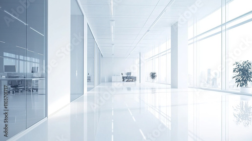 Clean office space with white walls and floors.