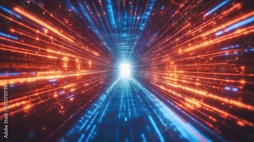 Tunnel of Light with Blue and Orange Rays Leading to a Central Bright White Glow, Creating a Vivid, Dynamic Visual Depth Effect