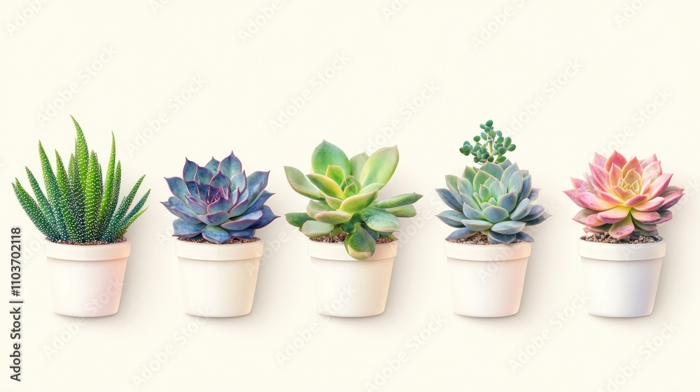 Five Succulents in White Pots on White Background Five Succulents in White Pots on White Background