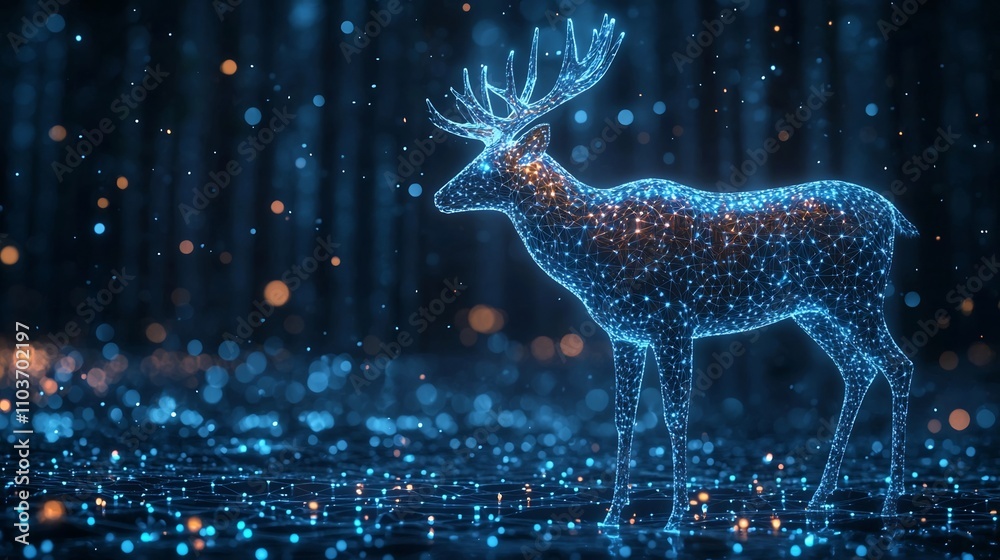 Robotic Deer with Glowing Antlers Standing in a Digital Forest Robotic Deer with Glowing Antlers Standing in a Digital Forest