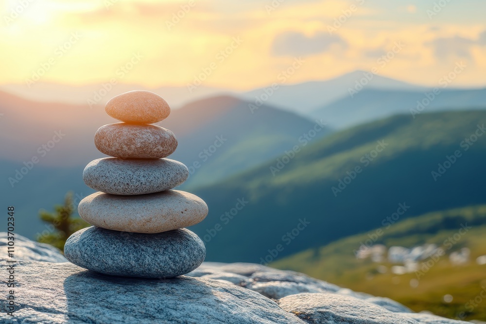 Piled zen rocks on mountains Balancing stones symbol Close up of pebbles in summer scenery Piled zen rocks on mountains Balancing stones symbol Close up of pebbles in summer scenery