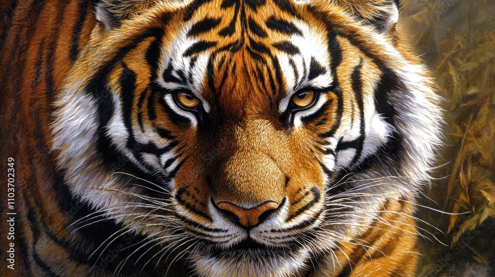 Fototapeta premium Close-up portrait of a fierce Bengal tiger with striking orange and black stripes, showcasing its intense gaze and beauty in a natural setting.