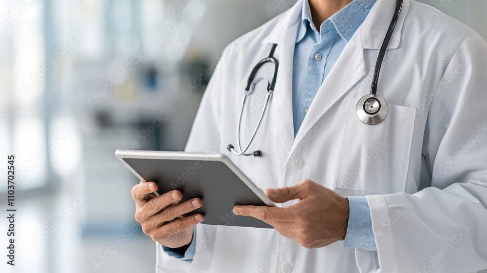 doctor in white coat holding tablet, analyzing patient data with focus and professionalism. background suggests medical environment doctor in white coat holding tablet, analyzing patient data with focus and professionalism. background suggests medical environment