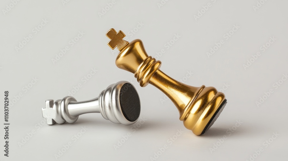 Golden king chess piece upright beside a toppled silver king, representing triumph in competitive business strategy and marketing success. Golden king chess piece upright beside a toppled silver king, representing triumph in competitive business strategy and marketing success.
