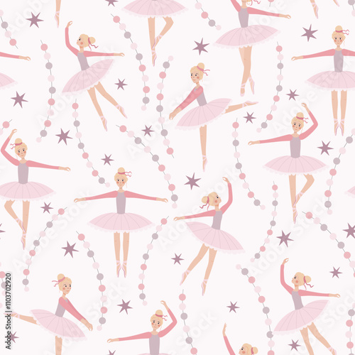 Dancing ballerinas in different poses with fairy lights. Vector endless pattern on light rose background.