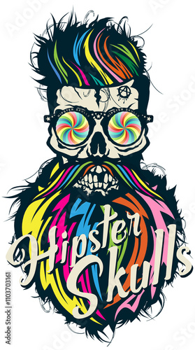 Tête de mort à moustache et barbe hipster skull moustachu et crane barbu lunette de soleil ronde hypnotique logo photo