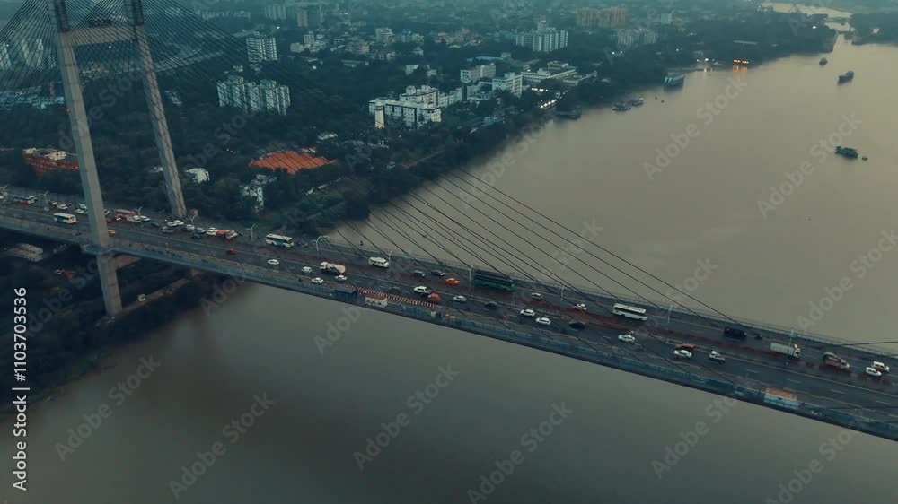 Vidyasagar Setu / Bridge over Ganga River Kolkata Drone View in Winter