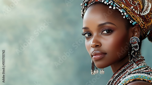 A portrait of a woman adorned in traditional jewelry and headdress, showcasing cultural beauty. photo