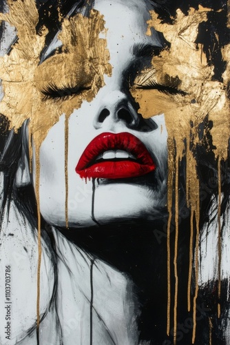 A striking portrait of a woman with dramatic red lips and shimmering gold leaf accents, showcasing bold beauty and elegance. Generative AI