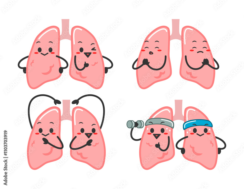 Fototapeta premium cute mascot lungs illustration. funny character of human organ. collection of lungs mascot.