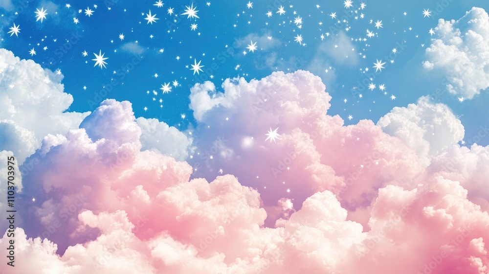Anime-style pastel clouds in soft pink and blue hues, sprinkled with sparkling white stars, under a calming blue sky. Anime-style pastel clouds in soft pink and blue hues, sprinkled with sparkling white stars, under a calming blue sky.