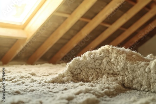 Pouring eco wool insulation in the attic for a new home photo