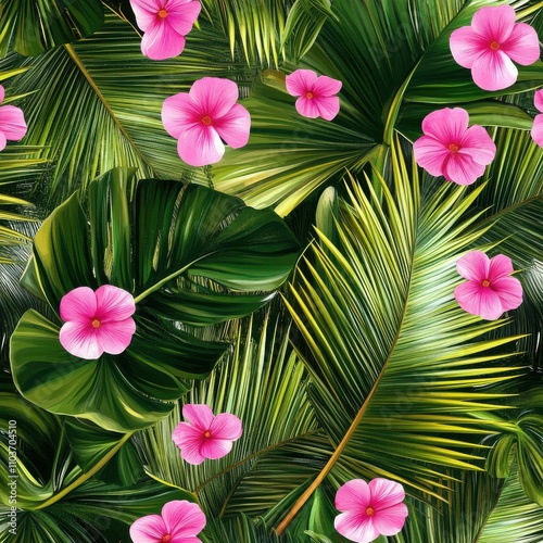 Vibrant tropical foliage featuring lush green leaves and blooming pink flowers, creating a lively and serene atmosphere.