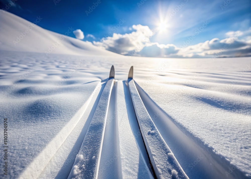 Minimalist Photography of Ski Traces in Snowy Landscape: Serene Winter Scene Capturing the Beauty of Nature and Skiing Adventure in Crisp White Snow Minimalist Photography of Ski Traces in Snowy Landscape: Serene Winter Scene Capturing the Beauty of Nature and Skiing Adventure in Crisp White Snow