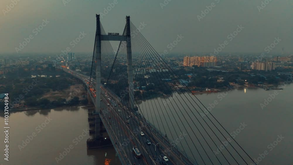 Vidyasagar Setu / Bridge over Ganga River Kolkata Drone View in Winter