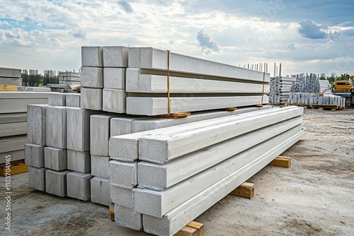 Precast concrete slabs piled in the construction yard