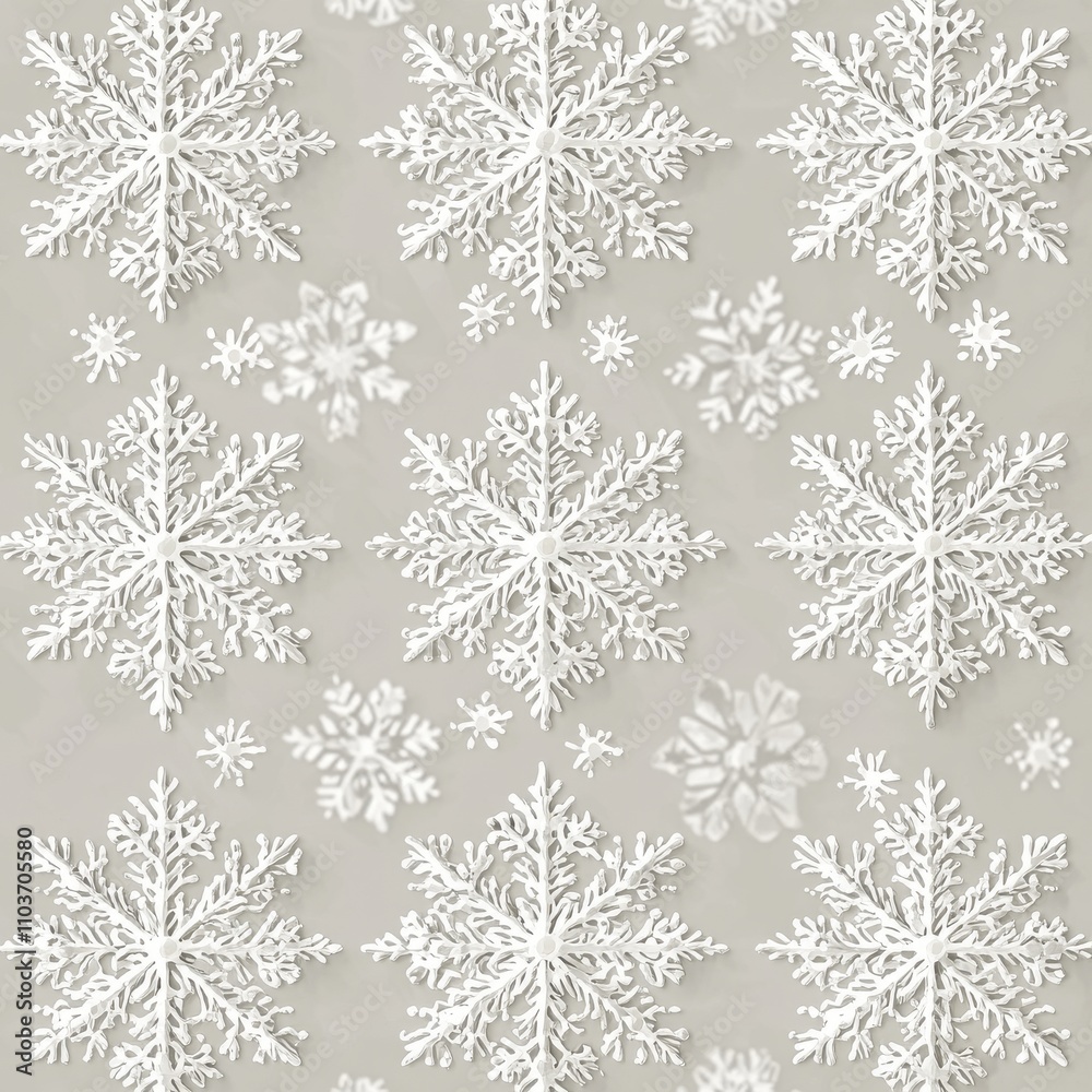 Beautiful white snowflakes on a soft grey background, creating a serene winter pattern. Beautiful white snowflakes on a soft grey background, creating a serene winter pattern.