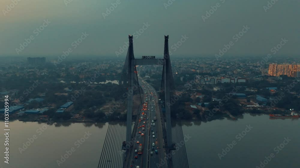 Vidyasagar Setu / Bridge over Ganga River Kolkata Drone View in Winter