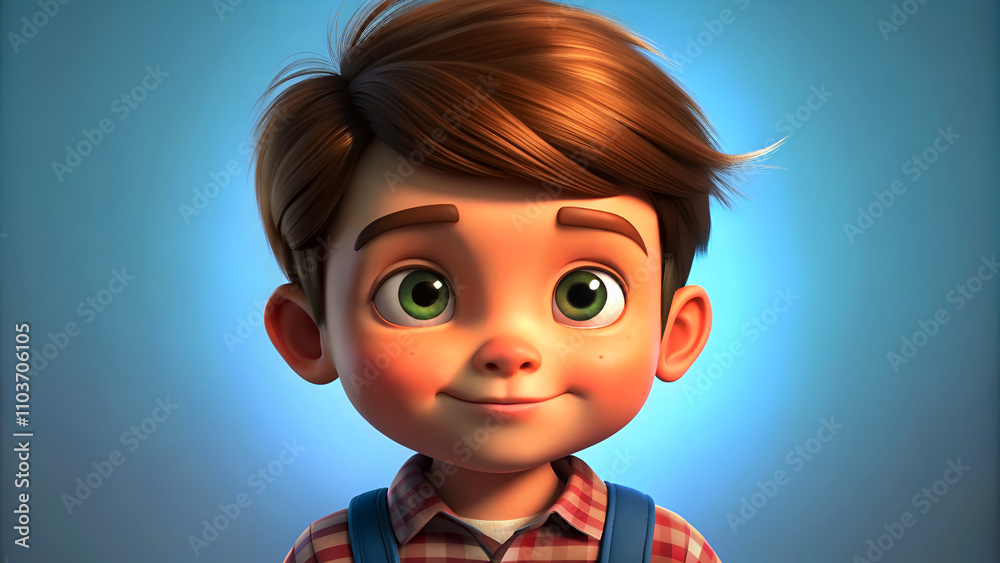 Design a 3D rendered portrait of a single cute kid in a cartoonish style.
