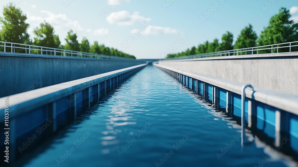 Fototapeta premium Clear blue water flowing through industrial channel surrounded by lush green trees under bright sky.