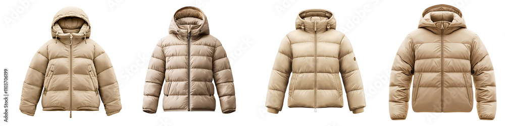 Set of a beige down jacket with a hood, isolated on a transparent background. Set of a beige down jacket with a hood, isolated on a transparent background.
