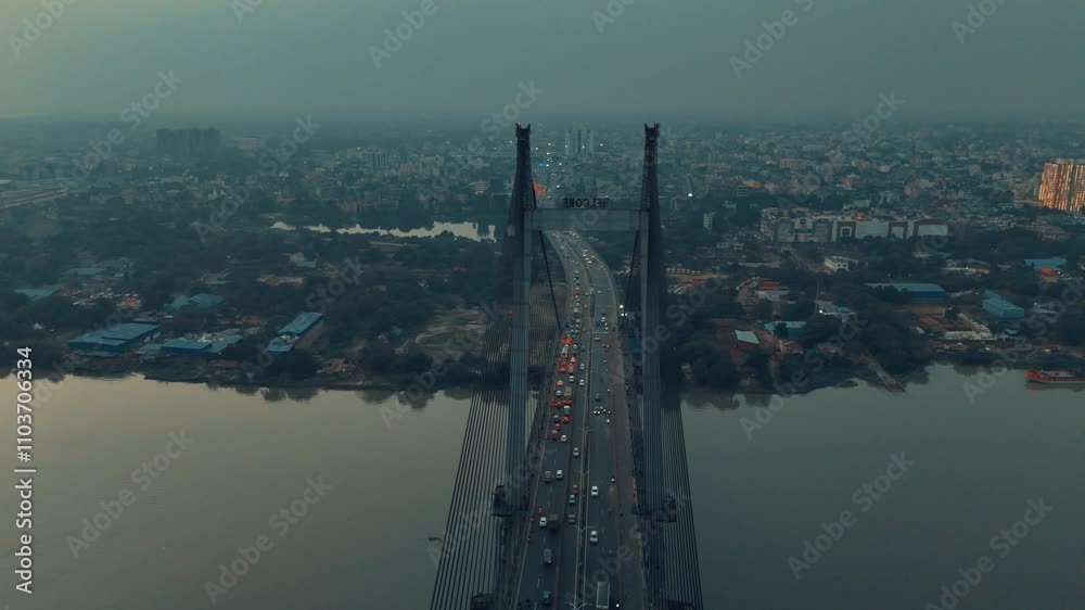 Vidyasagar Setu / Bridge over Ganga River Kolkata Drone View in Winter