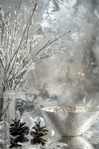 An elegant display of silver decor on a tabletop, perfect for celebrations. photo