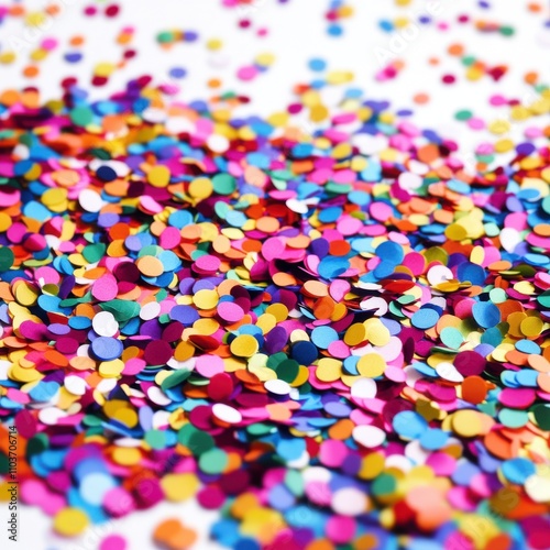 A vibrant mix of colorful confetti scattered on a white surface, perfect for festive celebrations.