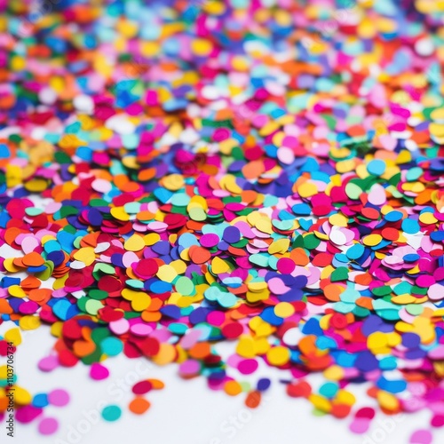 A vibrant array of colorful confetti scattered on a white surface, creating a festive and cheerful atmosphere.