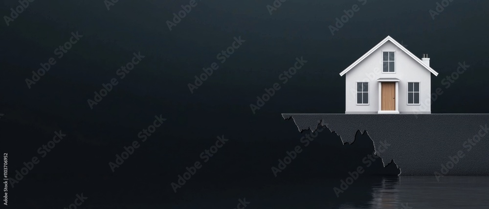 small white house on a small island in the middle of a body of water. The house has a triangular roof and a small chimney on the right side. small white house on a small island in the middle of a body of water. The house has a triangular roof and a small chimney on the right side.