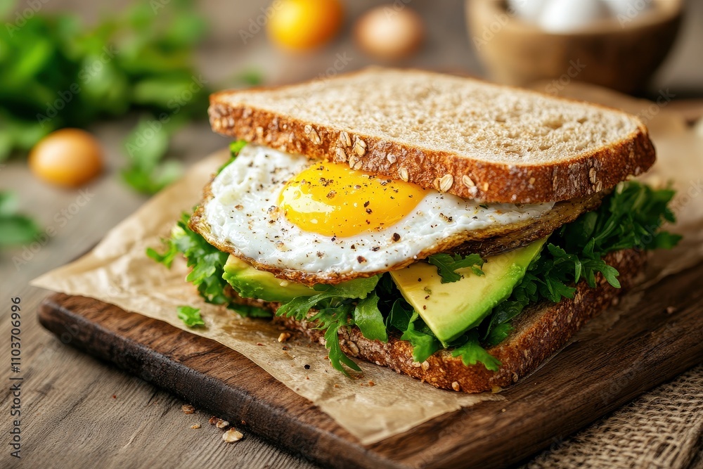 Quail egg sandwich with avocado and cheese on whole wheat Quail egg sandwich with avocado and cheese on whole wheat