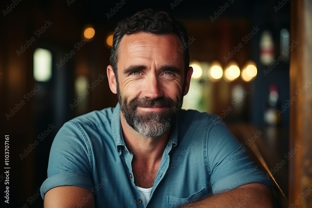 Portrait of a handsome middle aged man in a pub smiling at the camera Portrait of a handsome middle aged man in a pub smiling at the camera