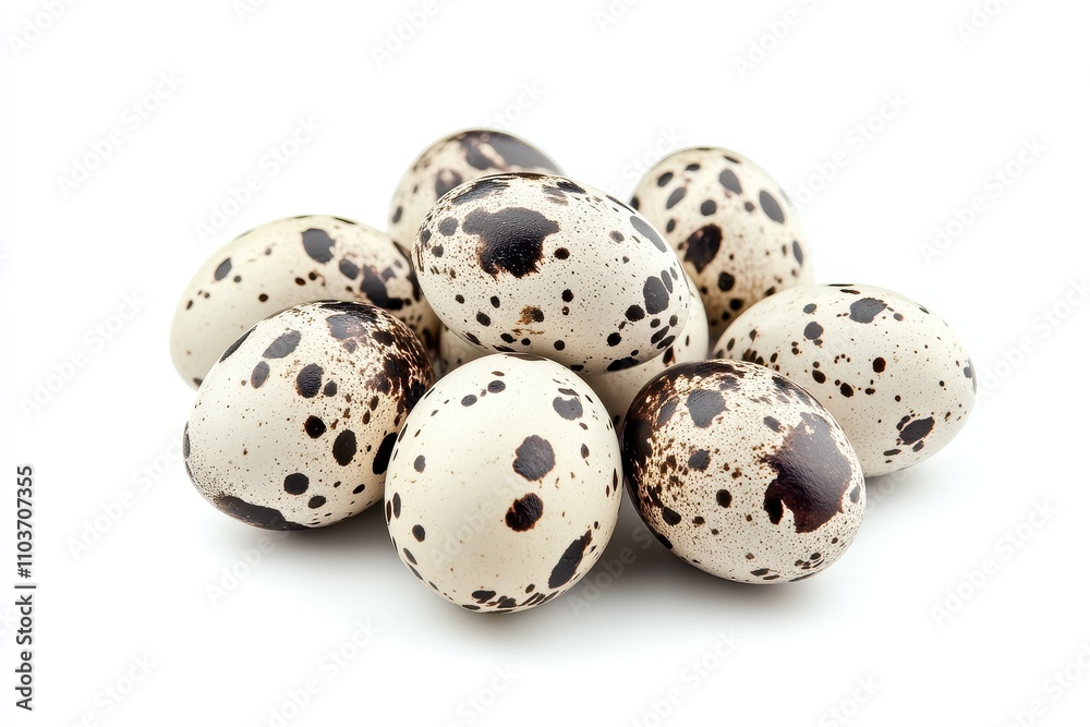 Obraz premium Quail eggs are set against a white backdrop
