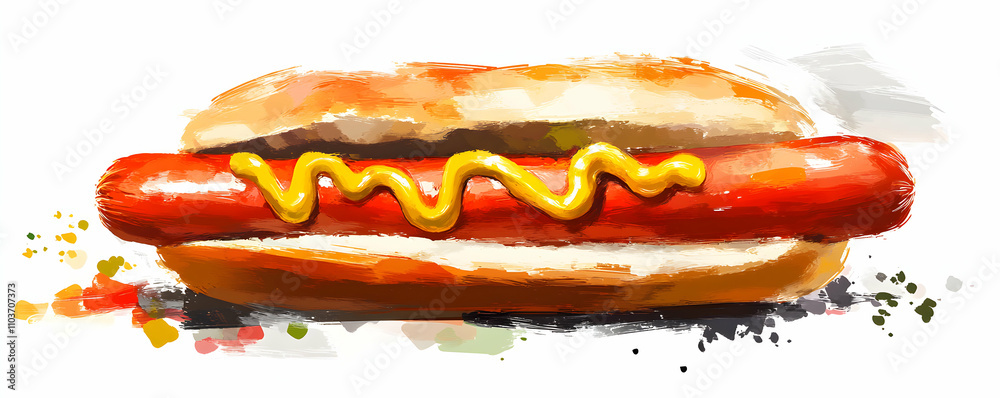 Vibrant Hot Dog Illustration, A Delicious Painted Image of a Classic American Hot Dog Topped with Mustard Vibrant Hot Dog Illustration, A Delicious Painted Image of a Classic American Hot Dog Topped with Mustard