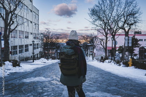 Traveler asian woman relax and travel in Hakodate city Hokkaido Japan winter snow season photo