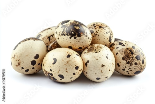 Quail eggs placed on a white backdrop