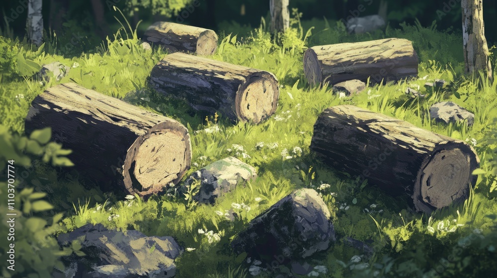Scattered aged logs lying on lush green grass, surrounded by vibrant foliage and small white flowers in a serene natural setting. Scattered aged logs lying on lush green grass, surrounded by vibrant foliage and small white flowers in a serene natural setting.