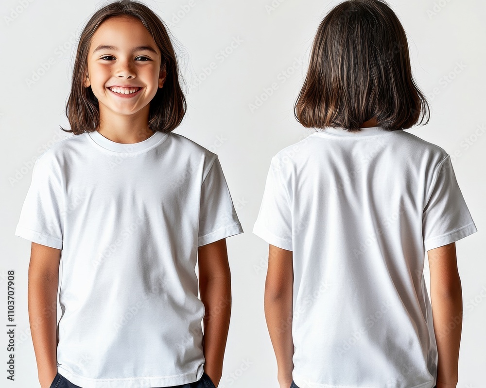 Happy child with shoulder-length hair wearing a plain white t-shirt standing in front and back poses against a neutral background for commercial use and stock photography Happy child with shoulder-length hair wearing a plain white t-shirt standing in front and back poses against a neutral background for commercial use and stock photography