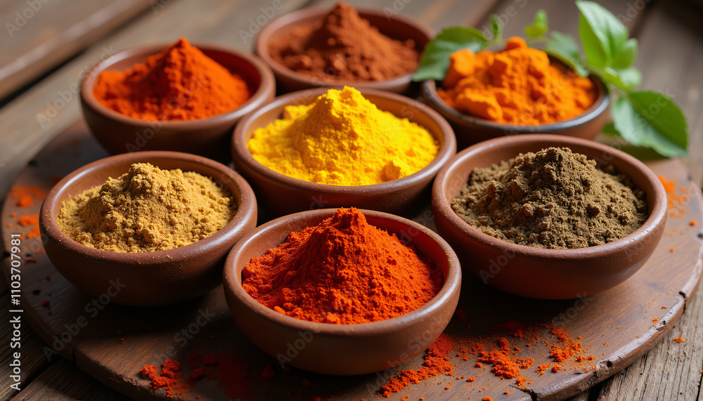 Artisanal Collection of Colorful Spices in Earthenware Bowls on Wooden Surface Artisanal Collection of Colorful Spices in Earthenware Bowls on Wooden Surface
