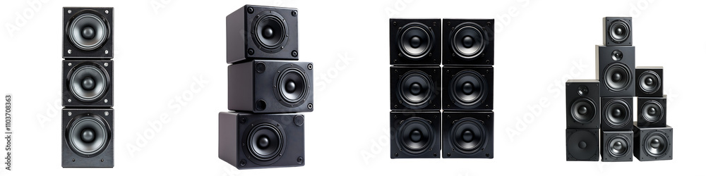 Set of black speakers stacked on top of each other, isolated on a transparent background. Set of black speakers stacked on top of each other, isolated on a transparent background.