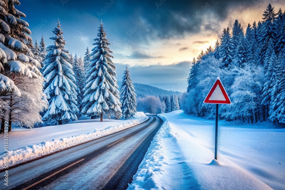Minimalist Winter Road Scene Featuring Stopping Distance Warning Sign Surrounded by Snowy Landscape for Captivating Seasonal Imagery Minimalist Winter Road Scene Featuring Stopping Distance Warning Sign Surrounded by Snowy Landscape for Captivating Seasonal Imagery