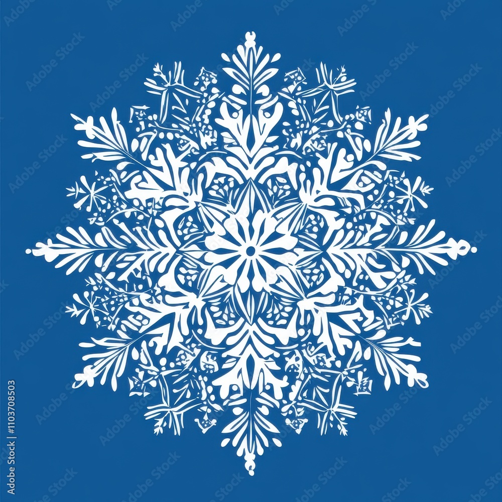 Intricate white snowflake design on a deep blue background, showcasing detailed floral patterns for winter themes. Intricate white snowflake design on a deep blue background, showcasing detailed floral patterns for winter themes.