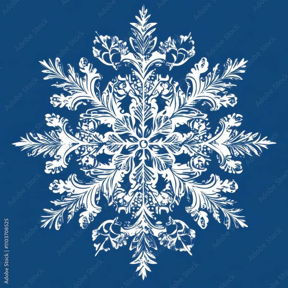 Intricate white snowflake design featuring floral patterns on a deep blue background. Intricate white snowflake design featuring floral patterns on a deep blue background.