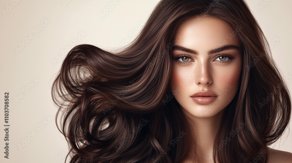 Naklejka premium Brunette Beauty with Luxurious Hair. Premium Hair Care Inspiration Image. Glossy Brown Hair Professional Photography