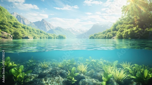 Underwater view of the lake and mountains with green grass and rocks