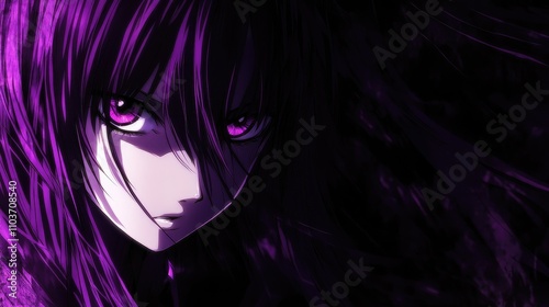 Dark purple-haired anime girl with vibrant, piercing eyes set against a shadowy background, exuding an enigmatic and captivating presence.